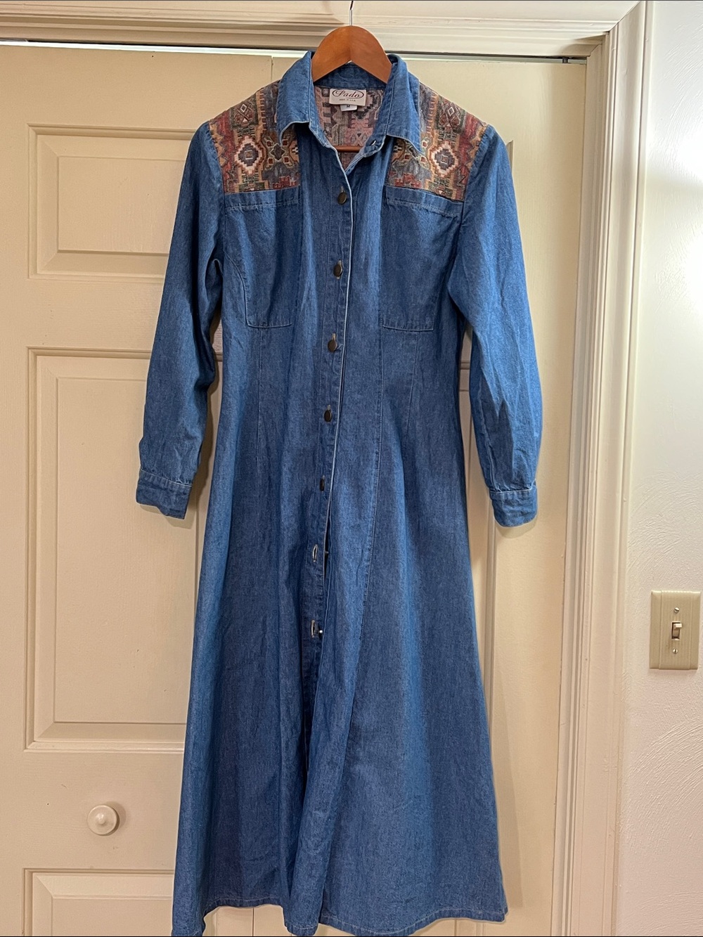 Vintage Pado Denim Western Maxi Shirt Dress with Patterned Yoke Runs Small